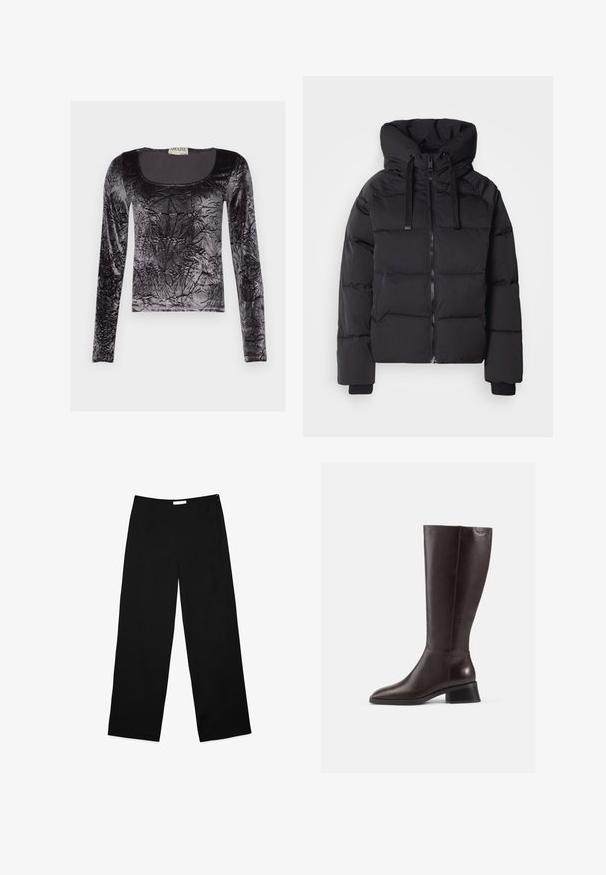 Juodas pūkinis švarkas su užtrauktuku, per didelis kapišonas ir elastingos rankogaliai. Siuvinėtas dizainas ir sklandžiai tekstūra izoliuotumui.; Juodas ilgomis rankovėmis viršus, pagamintas iš suspausto veliūro, su apvaliomis iškirptėmis ir tekstūruotu paviršiumi su blizgiu apdaila.; Juoda medžiaga, plačios kojų kelnės, turinčios glotnią tekstūrą, švarų dizainą ir diskretinį šoninį užtrauktuką.; Knee-high rudos odinės botai su lygiu paviršiumi, apvaliu pirštu ir juodu aukštu kulnu. Paprastas dizainas su minimaliais detalėmis.