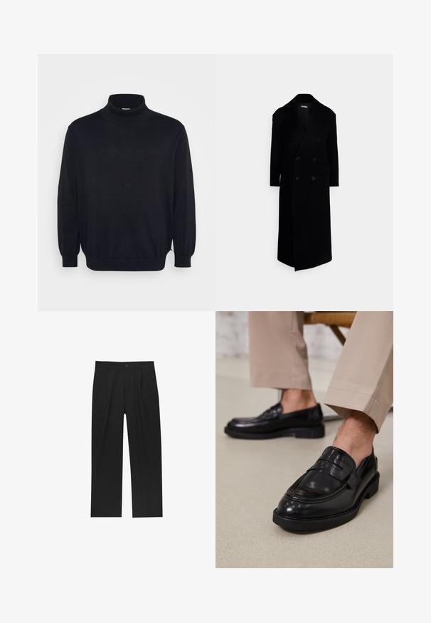 Černý dvouřadý kabát s velkými klopami, dlouhými rukávy a dvěma předními kapsami. Vyroben z texturované vlněné směsi.; Černý rolák s dlouhými rukávy, žebrovaným výstřihem a manžetami, s volným střihem a hladkou texturou. Navržen pro každodenní nošení.; Černé kalhoty s rovnými nohavicemi, vyrobené z hladké tkaniny. Mají přední záhyby a jedno knoflíkové zapínání v pase.; Černé kožené loafers s hladkým povrchem, zdobené páskem a kontrastním prošíváním, spárované s béžovými kalhotami.