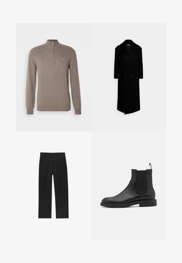 Czarny dwurzędowy płaszcz z dużymi klapami, długimi rękawami i dwoma przednimi kieszeniami. Wykonany z teksturowanej mieszanki wełny.; GANT - Sweter; Czarne spodnie o prostym kroju, wykonane z gładkiego materiału. Posiadają zakładki z przodu i pojedyncze zapięcie na guziki w pasie.; Czarny skórzany botek za kostkę o gładkiej fakturze, z elastycznymi bocznymi panelami i pętelką do zakupu. Okrągły nosek i płaska gumowa podeszwa z minimalnym bieżnikiem.