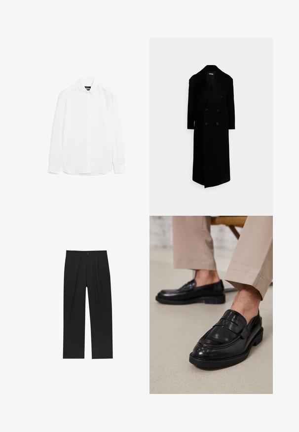 Sort dobbelmiddelt overfrakke med store revers, lange ærmer og to forlommer. Fremstillet af et tekstureret uldblandingsstof.; Hvid langærmet skjorte lavet af glat stof, med knaplukning foran, spidse kraver og rundet kant med knapmanchetter.; Sorte bukser med lige ben, lavet af et glat stof. Har frontfolder og en enkelt knaplukning i taljen.; Sorte lædermokkasiner med en glat overflade, der har en dekorativ rem og kontraststing, parret med beige bukser.