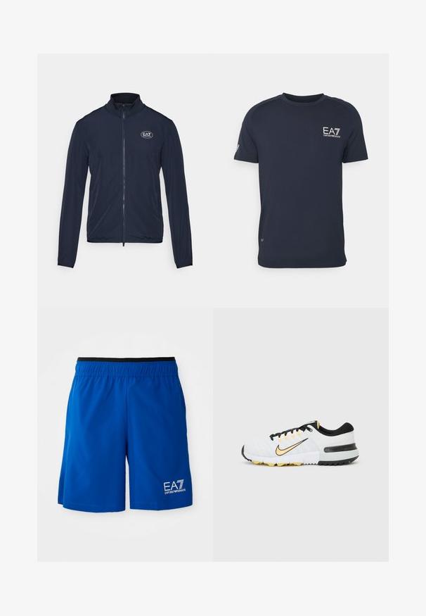 Jūros mėlynumo zip-up striukė su aukštu apykakle, pagaminta iš lygaus audinio. Savybė - EA7 logo ant krūtinės ir elastingi rankogaliai ant rankovių.; Tamsiai mėlyna trumpomis rankovėmis marškinėliai, pagaminti iš lygios medžiagos, su mažuoju baltu logotipu ant krūtinės ir subtiliais akcentais ant pečių.; Mėlynos sportinės šortai su elastine juosta, su balta logo kairėje pusėje. Pagaminti iš lengvos medžiagos, lygaus paviršiaus.; Nike Free G sportiniai batai baltais, juodais ir geltonais akcentais. Pasižymi tekstūruotu paviršiumi, šnuromis užsegimu ir lanksčiu padu su traukos savybėmis.