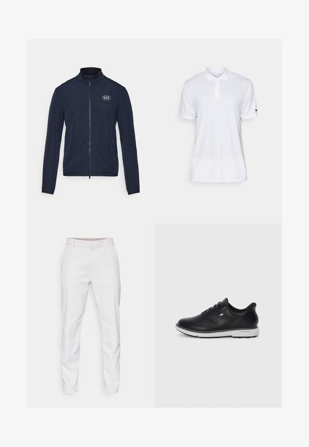 Navy zip-up jacket with a high collar, made from smooth fabric. Features the EA7 logo on the chest and elastic cuffs at the sleeves.; White, short-sleeve polo shirt made of synthetic fabric. Features a collared neckline and a black Nike logo on the left sleeve.; White trousers featuring a smooth fabric, slim fit design, and a flat front. No visible pockets or patterns. Clean hem at the ankles.; Black leather lace-up Skechers sneaker with white sole, side logo, and textured grip on sole against plain light background.