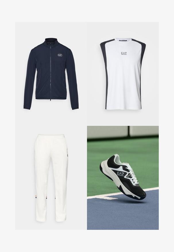 Navy zip-up jacket with a high collar, made from smooth fabric. Features the EA7 logo on the chest and elastic cuffs at the sleeves.; White sleeveless athletic top with dark grey side panels, smooth texture, rounded neckline, and EA7 logo on the front.; White jogger pants made of soft fabric, featuring side pockets and colored stripes at the ankle with orange and blue accents.; Black and white EA7 Emporio Armani sneaker suspended above blue and green tennis court lines.
