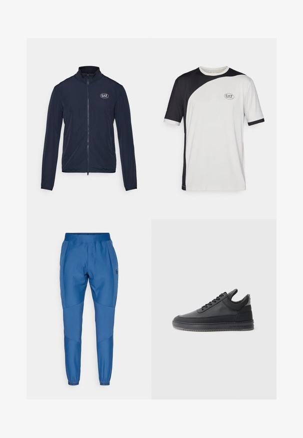 Tumši zilas krāsas zip-up jaka ar augstu apkakli, izgatavota no gludas auduma. Uz krūšu ir EA7 logo, kā arī elastīgas aproces uz piedurknēm.; T-krekls ar īsām piedurknēm, kas izceļas ar melnbaltu krāsu bloku dizainu, izgatavots no viegla auduma. Uz krūtīm ir EA7 logo.; Zilās sporta bikses ar elastīgu jostu, konusveida formu, sānu kabatām un ribotām piedurknēm. Iezīmējas ar kontrastējošām auduma paneļu detaļām.; Melnas ādas sporta kurpes ar teksturētu virsmu, ar saistēm, zema augstuma un pelēku gumijas zoli ar rievojumu malu.