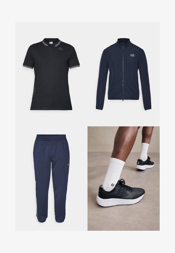 Námornícky zip-up kabát s vysokým golierom, vyrobený z hladkej tkaniny. Obsahuje logo EA7 na hrudi a elastické manžety na rukávoch.; Čierna polo košela vyrobená z bavlny, s dvomi gombíkmi na zapínanie, kontrastným bielym lemovaním na golieri a rukávoch a vyšitým logom.; Námořnické modré tepláky vyrobené z jemného materiálu, s páskem na stažení v pase, bočními kapsami a logem tištěným podél levé nohy.; Čierne športové topánky so sieťovinou a hladkými materiálmi, s bielou podrážkou, sivými akcentmi a čiernym povrazovým uzáverom. Nosené s bielymi rebrovanými ponožkami.