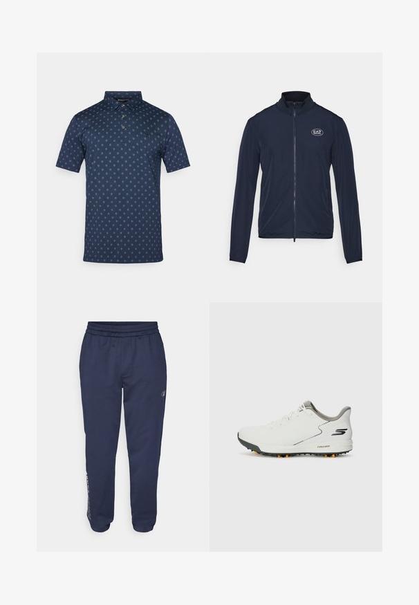 Navy zip-up jacket with a high collar, made from smooth fabric. Features the EA7 logo on the chest and elastic cuffs at the sleeves.; Navy polo shirt in cotton blend with short sleeves, buttoned collar, and repeating light blue floral pattern throughout. Features a small logo.; Navy blue sweatpants made of soft fabric, featuring a drawstring waist, side pockets, and a logo printed along the left leg.; White athletic shoe with a smooth upper, gray accents, and a textured black sole featuring orange spikes. Lightweight design focused on comfort.