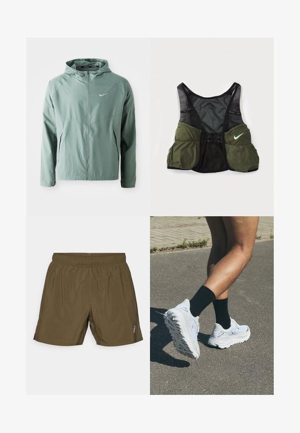 Casaco Nike verde claro com capuz, fecho de zip, bolsos laterais e um logo refletor. Feito de um material suave e leve.; T-shirt branca de manga curta feita de tecido suave. Apresenta um pequeno logótipo azul claro no peito e uma etiqueta preta no pescoço com "NIKE RUNNING."; ASICS CORE SHORT - Calções desportivos - brown stone; Sapatilhas brancas de corrida com parte superior texturizada, sola espessa branca e detalhes pretos, combinadas com meias pretas até ao tornozelo numa superfície pavimentada.; Colete de corrida em trilhos da Nike em preto e verde oliva. Apresenta material em malha, correias ajustáveis e múltiplos bolsos de armazenamento na frente.