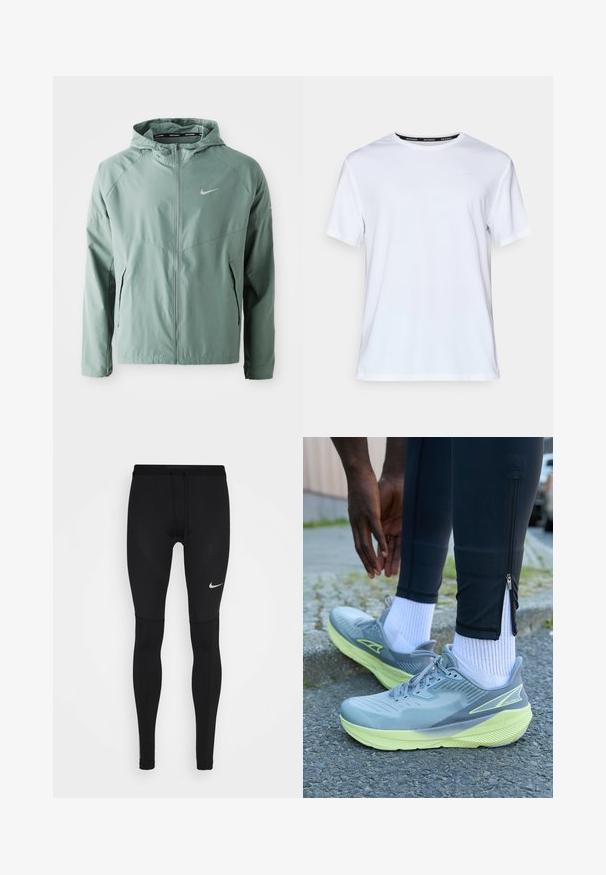 Helles grünes Nike-Jackett mit Kapuze, Reißverschluss, Seitentaschen und einem reflektierenden Logo. Hergestellt aus einem glatten, leichten Material.; Weißes T-Shirt mit kurzen Ärmeln aus glattem Stoff. Verfügt über ein kleines hellblaues Logo auf der Brust und ein schwarzes Nackenlabel mit "NIKE RUNNING."; Schwarze Laufleggins aus dehnbarem Material, mit tailliertem Schnitt, flachen Nähten und einem kleinen weißen Nike-Logo auf dem Oberschenkel.; Altra EXPERIENCE FLOW - Laufschuh Straße - gray/green