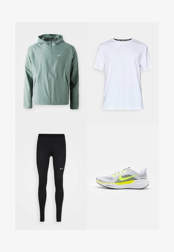 Light green Nike jacket featuring a hood, zip closure, side pockets, and a reflective logo. Made from a smooth, lightweight material.; White short-sleeve t-shirt made of smooth fabric. Features a small light blue logo on the chest and a black neck tag with "NIKE RUNNING."; Black running tights made of stretchy fabric, featuring a fitted design, flat seams, and a small white Nike logo on the thigh.; Nike Performance AIR ZOOM PEGASUS 41 - Road running shoes - white/volt black