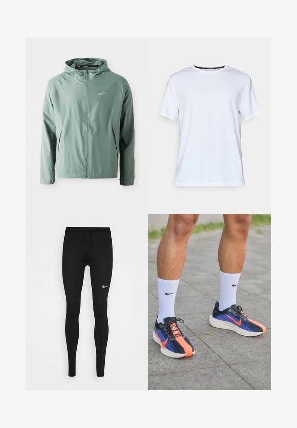 Giacca Nike verde chiaro con cappuccio, chiusura con zip, tasche laterali e logo riflettente. Realizzata in un materiale liscio e leggero.; T-shirt bianca a maniche corte realizzata in tessuto morbido. Presenta un piccolo logo azzurro sul petto e un'etichetta nera con la scritta "NIKE RUNNING".; Leggings da corsa neri realizzati in tessuto elastico, con un design aderente, cuciture piatte e un piccolo logo Nike bianco sulla coscia.; Scarpe da corsa Nike di colore blu navy con accenti arancioni. Parte superiore in mesh per la traspirabilità, suola bianca spessa e lacci neri. Indossate con calze bianche.