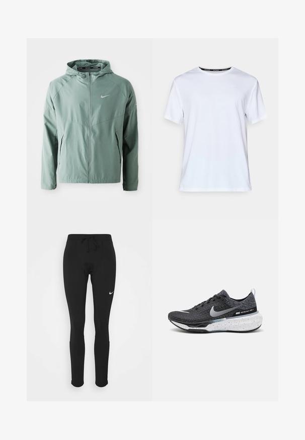Light green Nike jacket featuring a hood, zip closure, side pockets, and a reflective logo. Made from a smooth, lightweight material.; White short-sleeve t-shirt made of smooth fabric. Features a small light blue logo on the chest and a black neck tag with "NIKE RUNNING."; Black athletic leggings with a drawstring waist, made of stretchy fabric, featuring a small white Nike logo on the left thigh.; Nike Invincible Run 3 features a black knit upper, white logo, speckled white sole, and a cushioned shape designed for comfort.