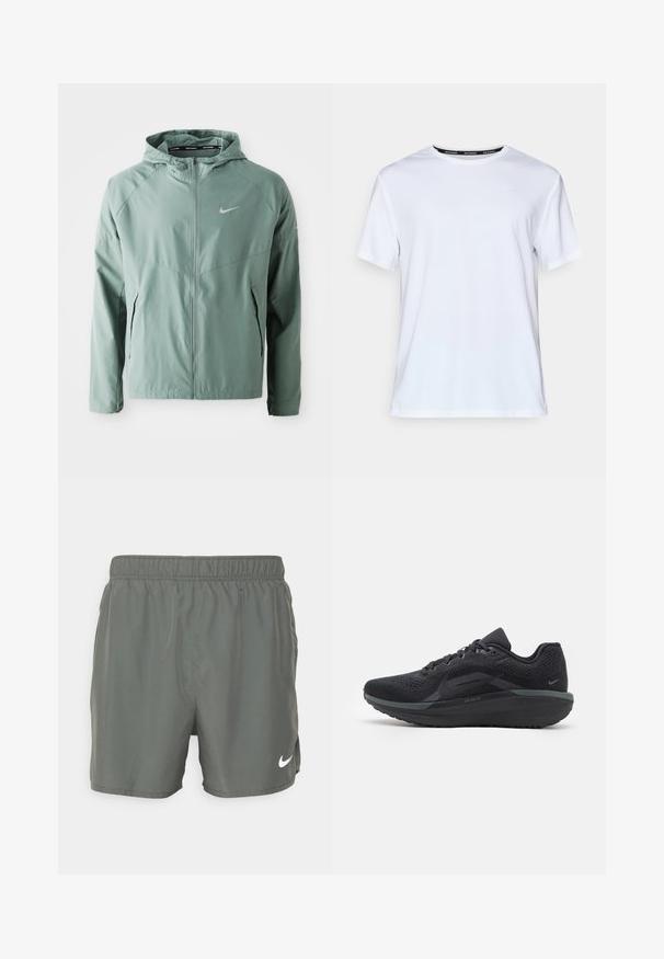 Heledama roheline Nike jope, millel on kapuuts, tõmblukk, küljetaskud ja peegeldav logo. Valmistatud siledast ja kergest materjalist.; Valge lühikeste varrukatega t-särk, mis on valmistatud siledast kangast. Esiküljel on väike helesinine logo ja must kaelamärgistus, millel on kirjas "NIKE RUNNING."; Nike ujumispüksid tumerohelises värvitoonis. Valmistatud kergest materjalist, millel on elastne vöökoht, ja alanurgas on valge logo.; Musthave spordijalatsid, millel on hingav võrkmaterjalist pealmine osa, tekstuursed detailid, pehmendustega tallad ja peegeldavad aktsendid. Küljelt vaatamine näitab voolujoonelist disaini.