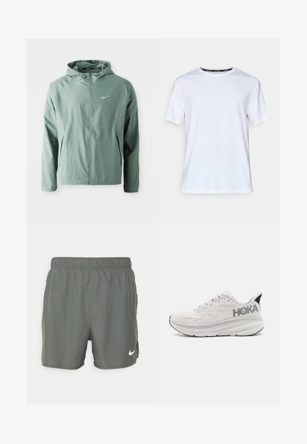 Šviesiai žalia Nike striukė su kapišonu, užtrauktuku, šoninėmis kišenėmis ir atspindinčiu logotipu. Pagaminta iš glotnaus, lengvo audinio.; Balta trumpa rankovė t-shirt, pagaminta iš lygios medžiagos. Priekyje yra mažas šviesiai mėlynas logotipas ir juodas etiketas ant kaklo su užrašu "NIKE RUNNING."; Nike maudymosi šortai tamsiai žali. Pagaminti iš lengvos medžiagos su elastinga juosta, į apačią dešinėje pusėje yra baltas logotipas.; HOKA CLIFTON 9 - Bėgimo batai plentui - nimbus cloud/steel wool