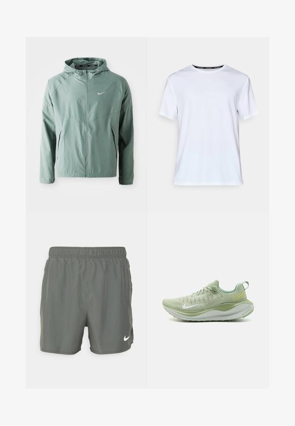 Casaco Nike verde claro com capuz, fecho de zip, bolsos laterais e um logo refletor. Feito de um material suave e leve.; T-shirt branca de manga curta feita de tecido suave. Apresenta um pequeno logótipo azul claro no peito e uma etiqueta preta no pescoço com "NIKE RUNNING."; Calças de banho Nike em verde-escuro. Feitas de material leve com cintura elástica, apresentando um logo branco na parte inferior direita.; Nike Performance REACTX INFINITY - Sapatos para corrida em estrada - khaki