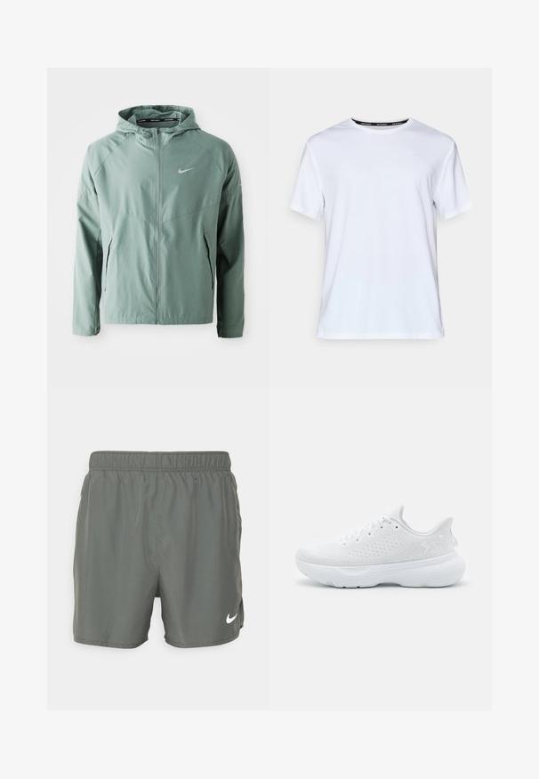 Veste Nike vert clair avec capuche, fermeture éclair, poches latérales et logo réfléchissant. Fabriquée dans un matériau lisse et léger.; T-shirt blanc à manches courtes en tissu lisse. Présente un petit logo bleu clair sur la poitrine et une étiquette noire au cou avec "NIKE RUNNING".; Shorts de bain Nike en vert foncé. Fabriqués à partir d'un matériau léger avec une taille élastique, présentant un logo blanc sur le bas à droite.; Baskets blanches avec un dessus en maille texturée, bout rond et semelle amortissante. Comprend des accents ton sur ton et un système de laçage.