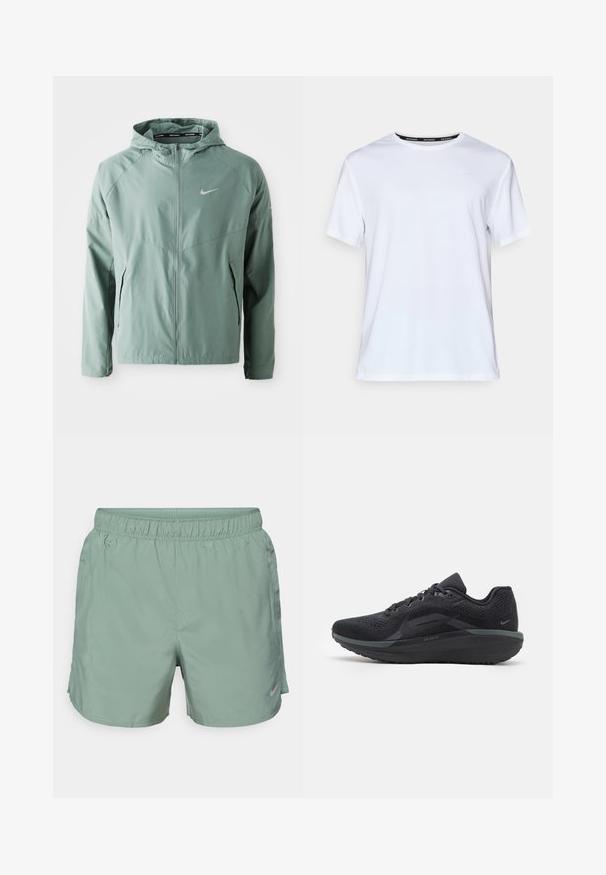Light green Nike jacket featuring a hood, zip closure, side pockets, and a reflective logo. Made from a smooth, lightweight material.; White short-sleeve t-shirt made of smooth fabric. Features a small light blue logo on the chest and a black neck tag with "NIKE RUNNING."; Light green athletic shorts made of smooth fabric, featuring an elastic waistband and a subtle logo on the lower side.; Black athletic shoe with a breathable mesh upper, textured details, cushioned sole, and reflective accents. Side view shows streamlined design.