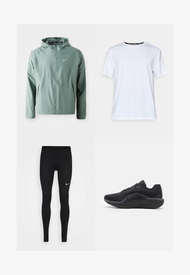 Heledama roheline Nike jope, millel on kapuuts, tõmblukk, küljetaskud ja peegeldav logo. Valmistatud siledast ja kergest materjalist.; Valge lühikeste varrukatega t-särk, mis on valmistatud siledast kangast. Esiküljel on väike helesinine logo ja must kaelamärgistus, millel on kirjas "NIKE RUNNING."; Mustad mustad jooksevad retuusid venivast kangast, millel on sobiv disain, lamedad õmblused ja väike valge Nike logo reiele.; Musthave spordijalatsid, millel on hingav võrkmaterjalist pealmine osa, tekstuursed detailid, pehmendustega tallad ja peegeldavad aktsendid. Küljelt vaatamine näitab voolujoonelist disaini.