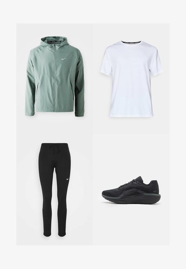 Lichtgroene Nike-jack met capuchon, ritssluiting, zijzakken en een reflecterend logo. Gemaakt van een gladde, lichte stof.; Witte t-shirt met korte mouwen van gladde stof. Heeft een klein lichtblauw logo op de borst en een zwart label in de nek met "NIKE RUNNING."; Zwarte sportlegging met een trekkoord in de taille, gemaakt van rekbare stof, met een klein wit Nike-logo op de linker bovenbeen.; Zwarte sportschoen met een ademend bovenwerk van mesh, textuurdetails, een gevoerde zool en reflecterende accenten. Het zijaanzicht toont een gestroomlijnd ontwerp.