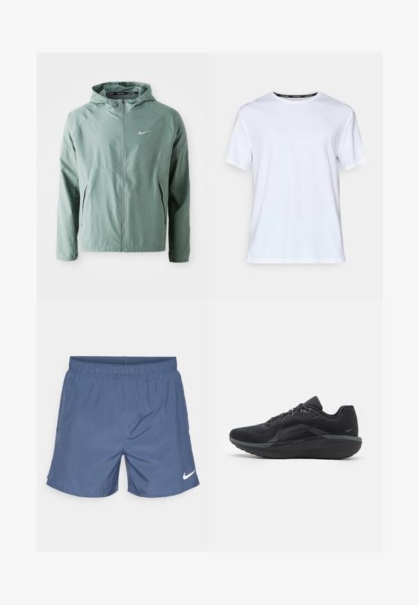Lichtgroene Nike-jack met capuchon, ritssluiting, zijzakken en een reflecterend logo. Gemaakt van een gladde, lichte stof.; Witte t-shirt met korte mouwen van gladde stof. Heeft een klein lichtblauw logo op de borst en een zwart label in de nek met "NIKE RUNNING."; Nike shorts in medium blauw, gemaakt van lichtgewicht materiaal. Heeft een elastische tailleband en een wit logo op de linksonderzijde.; Zwarte sportschoen met een ademend bovenwerk van mesh, textuurdetails, een gevoerde zool en reflecterende accenten. Het zijaanzicht toont een gestroomlijnd ontwerp.