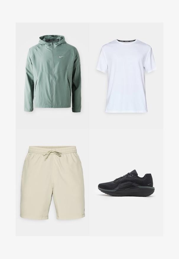 Ljusgrön Nike-jacka med huva, dragkedja, sidfickor och en reflekterande logotyp. Tillverkad av ett slätt, lätt material.; Vit kortärmad t-shirt tillverkad av slät tyg. Har en liten ljusblå logotyp på bröstet och en svart nacktag med "NIKE RUNNING."; Ljust beige badshorts med elastisk midja, justerbar dragsko och sidofickor. Slät textur och längd till mitten av låren.; Svart sportskor med ett andningsbart mesh-övre, texturerade detaljer, vadderad sula och reflekterande accenter. Sido vy visar en strömlinjeformad design.