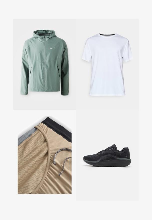 Helles grünes Nike-Jackett mit Kapuze, Reißverschluss, Seitentaschen und einem reflektierenden Logo. Hergestellt aus einem glatten, leichten Material.; Weißes T-Shirt mit kurzen Ärmeln aus glattem Stoff. Verfügt über ein kleines hellblaues Logo auf der Brust und ein schwarzes Nackenlabel mit "NIKE RUNNING."; Nike Performance SECONDSUNRISE - Kurze Sporthose - khaki smoke grey black; Schwarzer Sportschuh mit einem atmungsaktiven Mesh-Obermaterial, strukturierten Details, gepolsterter Sohle und reflektierenden Akzenten. Die Seitenansicht zeigt das stromlinienförmige Design.