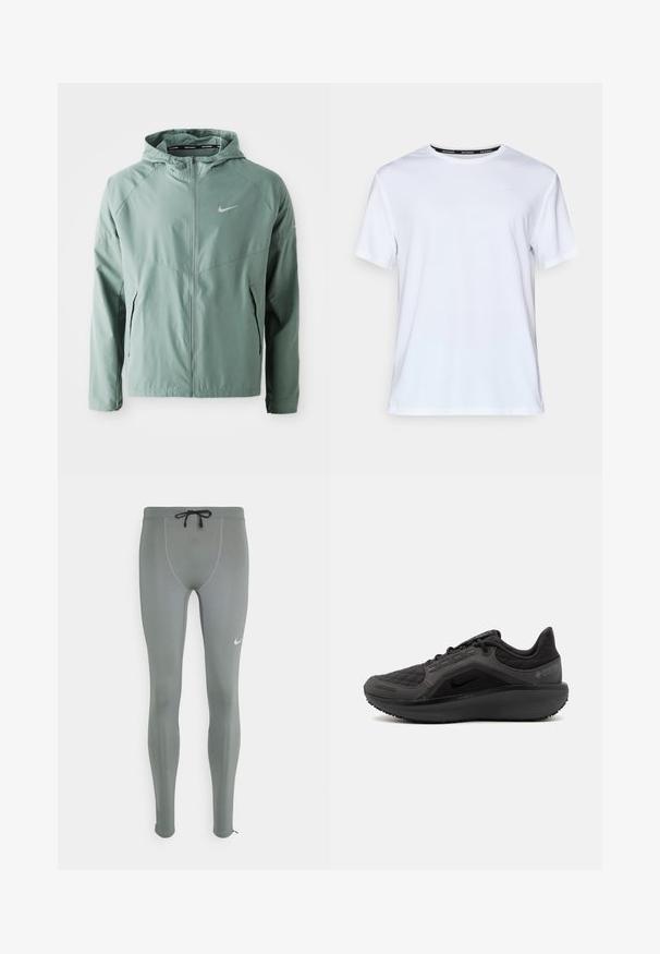 Light green Nike jacket featuring a hood, zip closure, side pockets, and a reflective logo. Made from a smooth, lightweight material.; White short-sleeve t-shirt made of smooth fabric. Features a small light blue logo on the chest and a black neck tag with "NIKE RUNNING."; Nike Performance CHALLENGER - Running tights - smoke grey/reflective silver; Black athletic shoe with a textured quilted upper, sleek design, and black rubber sole. Features a visible logo and Gore-Tex branding.