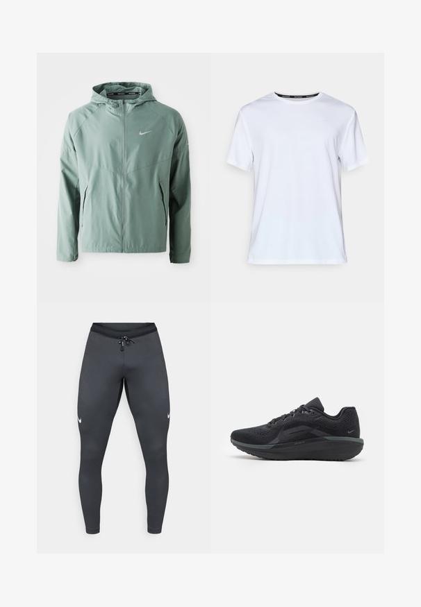Veste Nike vert clair avec capuche, fermeture éclair, poches latérales et logo réfléchissant. Fabriquée dans un matériau lisse et léger.; T-shirt blanc à manches courtes en tissu lisse. Présente un petit logo bleu clair sur la poitrine et une étiquette noire au cou avec "NIKE RUNNING".; Leggings de sport gris en tissu extensible, offrant une coupe ajustée, une texture côtelée et un petit logo Nike blanc sur la jambe gauche.; Baskets de sport noires avec une tige en mesh respirant, des détails texturés, une semelle rembourrée et des accents réfléchissants. La vue de côté montre un design épuré.