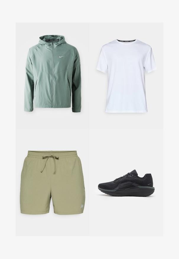 Ljusgrön Nike-jacka med huva, dragkedja, sidfickor och en reflekterande logotyp. Tillverkad av ett slätt, lätt material.; Vit kortärmad t-shirt tillverkad av slät tyg. Har en liten ljusblå logotyp på bröstet och en svart nacktag med "NIKE RUNNING."; New Balance SPORT ESSENTIALS 5" - Träningsshorts - dark olivine; Svart sportskor med ett andningsbart mesh-övre, texturerade detaljer, vadderad sula och reflekterande accenter. Sido vy visar en strömlinjeformad design.