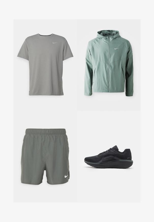 Light green Nike jacket featuring a hood, zip closure, side pockets, and a reflective logo. Made from a smooth, lightweight material.; Gray Nike t-shirt with short sleeves, round neckline, and a small silver logo on the left chest. Made of soft, lightweight fabric.; Nike swim shorts in dark green. Made of lightweight material with an elastic waistband, featuring a white logo on the lower right side.; Black athletic shoe with a breathable mesh upper, textured details, cushioned sole, and reflective accents. Side view shows streamlined design.