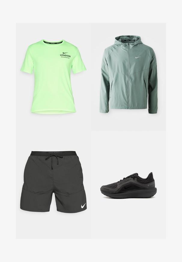 Casaco Nike verde claro com capuz, fecho de zip, bolsos laterais e um logo refletor. Feito de um material suave e leve.; T-shirt atlético de manga curta verde, feito de tecido leve. Apresenta o logótipo da Nike e o texto "LONDON" com medições de distância impressas na frente.; Calções de corrida pretos com cintura elástica, cordão, bolsos laterais e um logo branco da Nike na parte inferior da perna esquerda.; Shoe atlético preto com um superior acolchoado texturizado, design elegante e sola de borracha preta. Apresenta um logótipo visível e marca Gore-Tex.