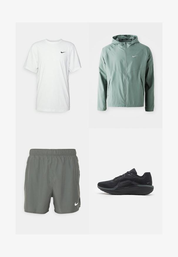 Gaiši zaļa Nike jaka ar kapuci, ar rāvējslēdzēju, sānu kabatām un atstarojošu logotipu. Izgatavota no gludas, vieglas materiāla.; Balts kokvilnas T-krekls ar īsām piedurknēm, apaļu kakla izgriezumu un melnu Nike logo kreisajā krūtī. Gluda, viegla auduma.; Nike peldbikses tumši zaļā krāsā. Izgatavotas no viegla materiāla ar elastīgu jostu, ar baltu logotipu apakšējā labajā stūrī.; Melna sporta apavi ar elpojošu sietu augšdaļu, teksturētām detaļām, amortizētu zoli un atstarojošiem akcentiem. Sānskats parāda plūstošu dizainu.