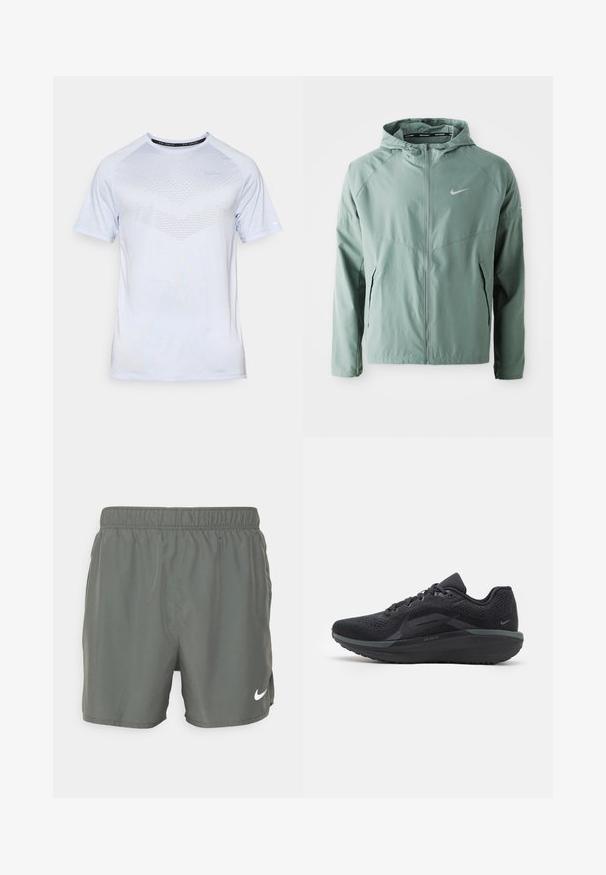 Light green Nike jacket featuring a hood, zip closure, side pockets, and a reflective logo. Made from a smooth, lightweight material.; Light blue athletic t-shirt with short sleeves, featuring a textured chevron pattern. Made of breathable fabric, round neck design.; Nike swim shorts in dark green. Made of lightweight material with an elastic waistband, featuring a white logo on the lower right side.; Black athletic shoe with a breathable mesh upper, textured details, cushioned sole, and reflective accents. Side view shows streamlined design.