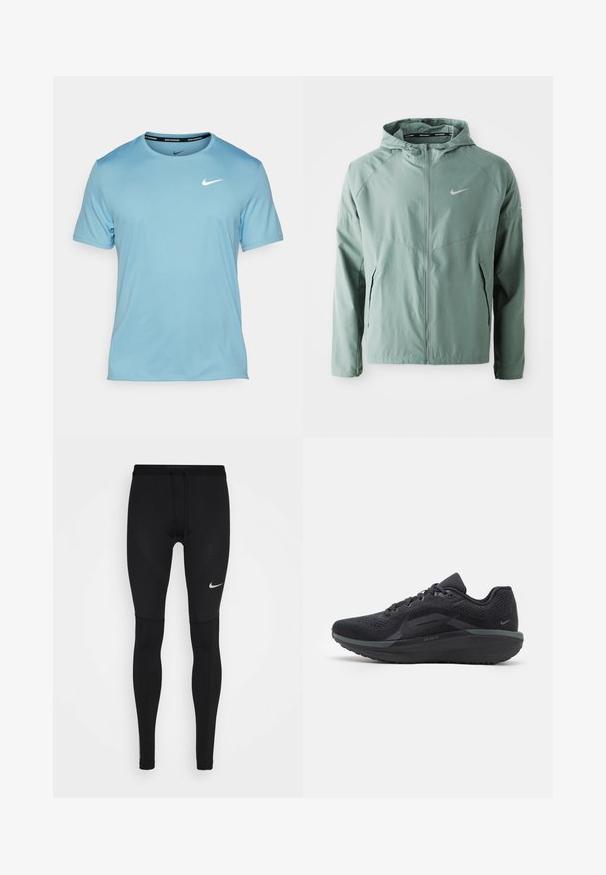Svetlo zelena Nike jakna z kapuco, zadrgo, stranskimi žepi in odsevnim logotipom. Narejena je iz gladkega, lahkega materiala.; Nike Performance MILER - Športne majice - denim turq/(reflective silv); Črne tekaške pajkice iz raztegljivega materiala, z oprijetim krojem, ravnimi šivi in majhnim belim Nike logotipom na stegnu.; Črne atletske copate z zračnim mrežastim zgornjim delom, teksturiranimi detajli, udobnim podplatom in odsevnimi akcenti. Stranski pogled prikazuje poenostavljeno oblikovanje.