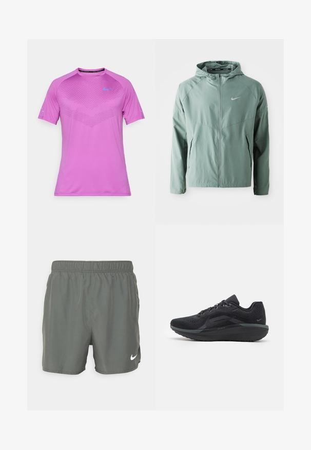 Světle zelená bunda Nike s kapucí, zapínáním na zip, bočními kapsami a reflexním logem. Vyrobena z hladkého, lehkého materiálu.; Nike tričko s krátkým rukávem v jasně růžové barvě, které má texturovaný vzor na hrudi a modré logo na levé straně. Lehký materiál.; Nike plavky v tmavě zelené barvě. Vyrobené z lehkého materiálu s elastickým páskem, s bílým logem na dolní pravé straně.; Černá sportovní bota s prodyšnou síťovinou, texturovanými detaily, polstrovanou podrážkou a reflexními akcenty. Boční pohled ukazuje vytříbený design.