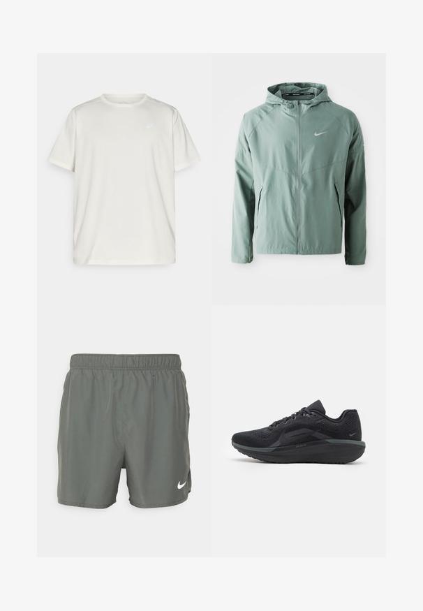 Giacca Nike verde chiaro con cappuccio, chiusura con zip, tasche laterali e logo riflettente. Realizzata in un materiale liscio e leggero.; T-shirt a maniche corte di colore chiaro, realizzata in materiale morbido, con scollatura rotonda e un piccolo logo sulla parte sinistra del petto.; Pantaloni da bagno Nike di colore verde scuro. Realizzati in materiale leggero con una cintura elastica, dotati di un logo bianco sul lato destro in basso.; Scarpa sportiva nera con tomaia in rete traspirante, dettagli texturizzati, suola ammortizzata e accenti riflettenti. La vista laterale mostra un design aerodinamico.