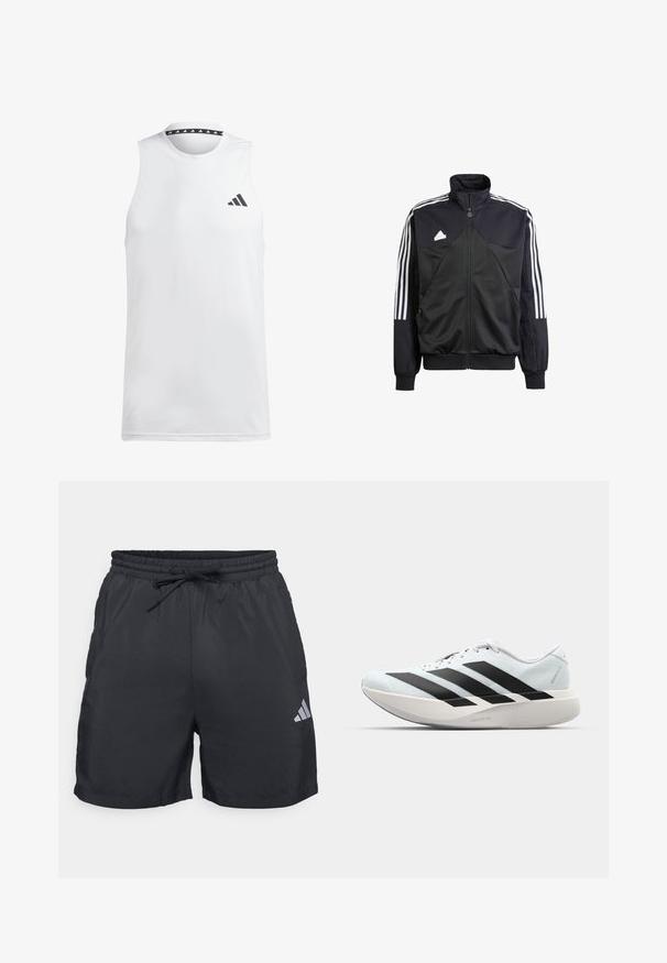 adidas Sportswear MATERIAL MIX TRACK - Trainingsvest - black; Witte mouwloze sporttanktop van gladde stof. Heeft een zwart logo op de linkerborst en een patroon in de zwarte halslijn.; Zwarte sportshorts van lichtgewicht stof, met een elastische tailleband met een trekkoord en een zilveren Adidas-logo op de zijkant.; Lichte hardloopschoenen in lichtblauw met zwarte strepen. Beschikt over een soepele bovenkant, ronde neusstuk en dikke witte tussenzool met het label "LIGHTSTRIKE PRO."