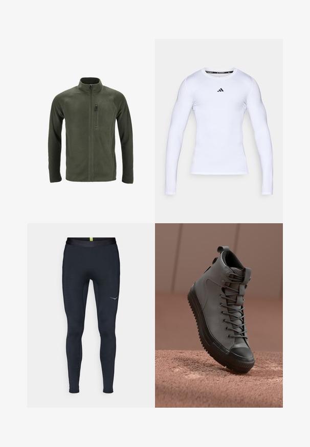 Olijfgroen fleece jack met hoge kraag, volledige voorkant rits en een ritszak op de linkerborst. Beschikt over raglanmouwen en een gladde textuur.; Witte langarm sportshirt gemaakt van rekbare stof, met een ronde halslijn en een zwart Adidas-logo op de borst.; Marineblauwe sportlegging gemaakt van rekbaar materiaal, met een gladde tailleband, een slanke pasvorm en een reflecterend logo aan de zijkant.; Hoge sneaker van grijs leer met zwarte rubberen neuskap, gestructureerde bovenkant en grijze veters. Heeft een treklabel bij de hiel.