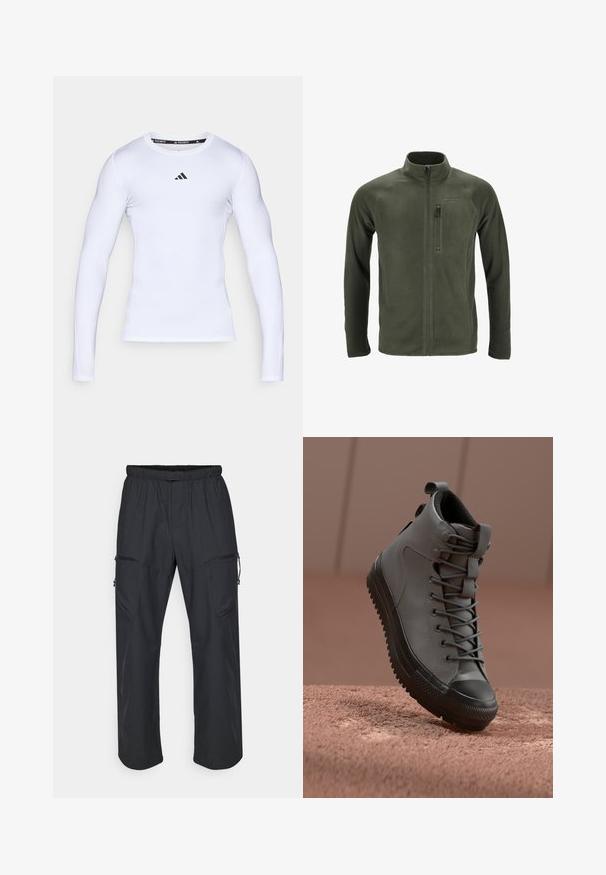 Olijfgroen fleece jack met hoge kraag, volledige voorkant rits en een ritszak op de linkerborst. Beschikt over raglanmouwen en een gladde textuur.; Witte langarm sportshirt gemaakt van rekbare stof, met een ronde halslijn en een zwart Adidas-logo op de borst.; Zwarte cargo broek met een elastische tailleband, twee ritszakken en een lichte, zachte stofstructuur.; Hoge sneaker van grijs leer met een gestructureerde afwerking, zwarte rubberen neus en grijze veters. Beschikt over een trekkoord aan de hiel.