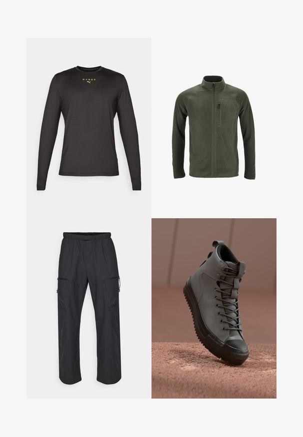 Oliivinvihreä fleece-takki, jossa on korkea kaulus, täyspitkä vetoketju ja vasemmassa rinnassa vetoketjullinen tasku. Takissa on raglan-hihat ja sileä pinta.; Musta pitkähihainen paita sileästä kankaasta, jossa on pyöreä kaula-aukko, painettuna fluoresoivalla keltaisella "HYROX"-logo ja hoikka istuvuus.; Mustat cargo-housut, joissa on elastinen vyötärö, kaksi vetoketjullista taskua ja kevyt, sileä kangas.; Korkean varren tennarit harmaasta nahasta, jossa on teksturoitu pintakuvio, musta kuminen varvaskuppi ja harmaat nauhat. Sukahanke kantapäässä.
