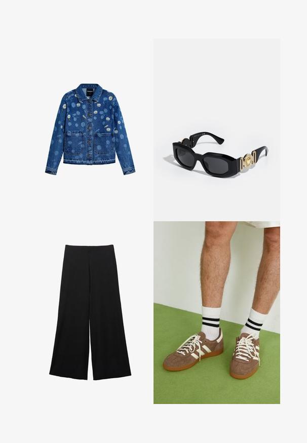 Blauwe denim jas met bloemembroidery, inclusief madeliefjes en andere patronen. Beschikt over een klassieke kraag, twee voorzakken en knoopsluiting.; Zwarte korte mouwen t-shirt van katoen. Heeft een ronde hals en een relaxte pasvorm met een gladde textuur. Geen zichtbare patronen of accenten.; Zwarte wijde broek gemaakt van een zachte stof. Heeft een hoge taille en een gladde textuur zonder zichtbare patronen of accenten.; Bruine suède sneakers met witte accenten en veters. Rubberen gumzool. Draag met witte sokken met zwarte strepen. Groene gestructureerde vloer.; Zwarte zonnebril met een chunky frame, voorzien van gouden hardware accenten en logodetails op de tempels. De lenzen zijn donker en rechthoekig.; Blauwe leren crossbodytas met een gladde textuur, rechthoekige vorm, contrasterende oranje stiksels en een klep sluiting. Verstelbare schouderriem inbegrepen.