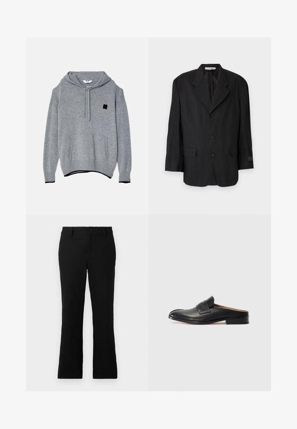 Melnā žakete, izgatavota no teksturēta auduma, ar atvērto apkakli, sešām pogām un diviem kabatām. Kreisajā piedurknes pusē ir etiķetes detaļa.; Pelēks adīts kapucis ar priekšējo kabatu, auklas kapuci, melnu izšūtu logotipu uz krūts, kā arī ribotām piedurknēm un apakšmalu.; Melni plati bikses, izgatavotas no kokvilnas sajaukuma auduma, ar pogu aizdari, jostas cilpām un gludu tekstūru, bez redzamām rakstām.; Melnas ādas slip-on kurpes ar noapaļotu purngalu, zemu blokveida papēdi un priekšējo siksniņu. Gluda tekstūra ar diskrētu logotipa detaļu uz siksniņas.