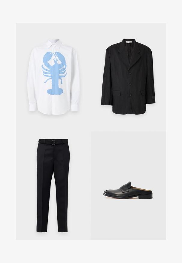 Czarna marynarka z teksturowanej tkaniny, z klapami w stylu notcha, sześcioma guzikami i dwoma kieszeniami. Lewy rękaw ma detal z metką.; Biała koszula z długim rękawem z dużym niebieskim grafikiem homara na przedzie. Koszula ma klasyczny kołnierzyk i mankiety zapinane na guziki.; Czarne dopasowane spodnie charakteryzują się gładkim materiałem, prostym krojem oraz paskiem w talii z prostokątną klamrą. Wyróżniające się przednie pliski podkreślają design.; Czarne skórzane buty wsuwane z okrągłym noskiem, niskim obcasem blokowym i przednim paskiem. Gładka faktura z subtelnym logo na pasku.