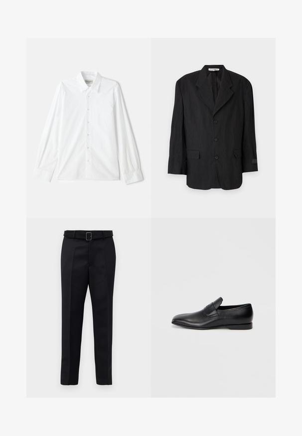 Čierny blazer vyrobený z textúrovanej tkaniny, s klopou na výstrihu, šiestimi gombíkmi a dvoma vreckami. Na ľavom rukáve je detail s nášivkou.; Biela košeľa s dlhým rukávom a gombíkovým zapínaním, s klasickým golierom, vyrobená z textúrovanej bavlny so šitými detailmi na rukávoch.; Čierne nohavice na mieru majú hladkú tkaninu, rovný strih a opasok s obdĺžnikovou sponou. Výrazné predné skladky zvýrazňujú dizajn.; Čierne kožené poltopánky bez šnúrok s ostrou špičkou, hladkou textúrou a diskrétnym logom na boku. Nízky podpätok s čistým, minimalistickým dizajnom.