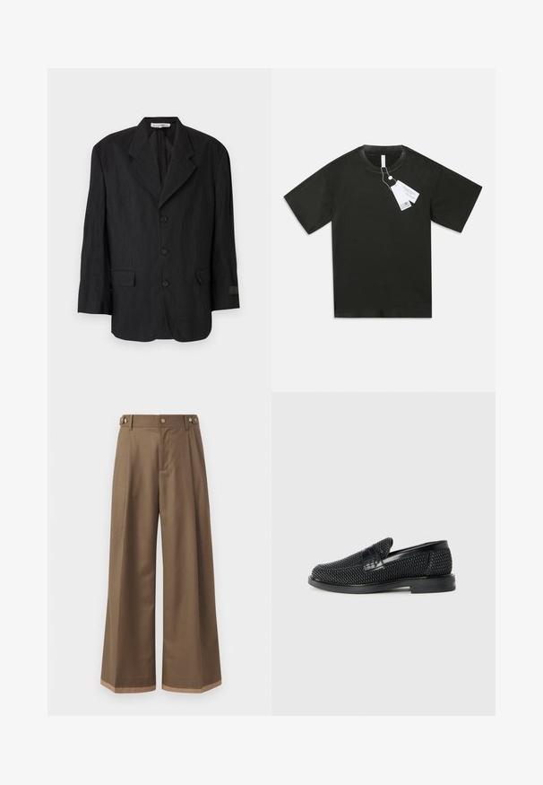 Juodas švarkas, pagamintas iš tekstūruoto audinio, su išpjautu apykakle, šešiais mygtukais ir dviem kišenėmis. Kairiajame rankove yra etiketės detalė.; Juoda trumpomis rankovėmis medvilninė marškinėlių su apvaliu kaklu, su prisegtomis baltomis produkto etiketėmis, kabojo ant paprasto balto fono.; Plati kelnės tamsiai rudos spalvos audinys, su dviem šoninėmis kišenėmis, dviem dekoratyviniais priekinias mygtukais ir kontrastingu apdaila apačioje.; Juodas pintas slip-on tipo batelis su lygiu odiniu akcentu viršuje, apvalios nosies dizainas ir žemas guminis padas.