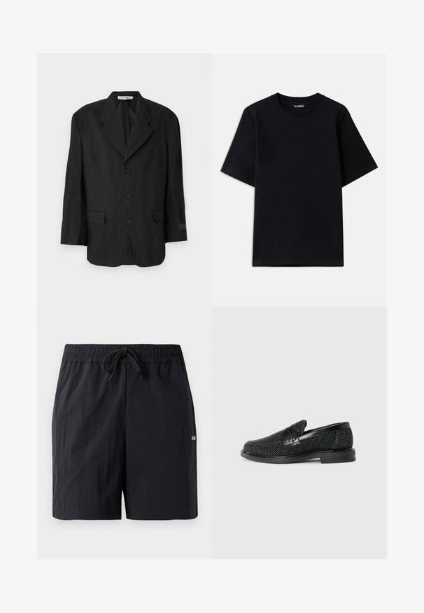 Čierny blazer vyrobený z textúrovanej tkaniny, s klopou na výstrihu, šiestimi gombíkmi a dvoma vreckami. Na ľavom rukáve je detail s nášivkou.; Čierne bavlnené tričko s okrúhlym výstrihom a krátkymi rukávmi. Má jemné výšivku loga na ľavej hrudi. Hladká, jemná textúra.; Čierne plavecké šortky vyrobené z textúrovanej tkaniny, s elastickým pásom a šnúrkou na sťahovanie a malým logom na boku.; Čierne tkané slip-on topánky s hladkým koženým akcentom na vrchnej časti, s okrúlym dizajnom špičky a nízkoprofilovou gumovou podrážkou.