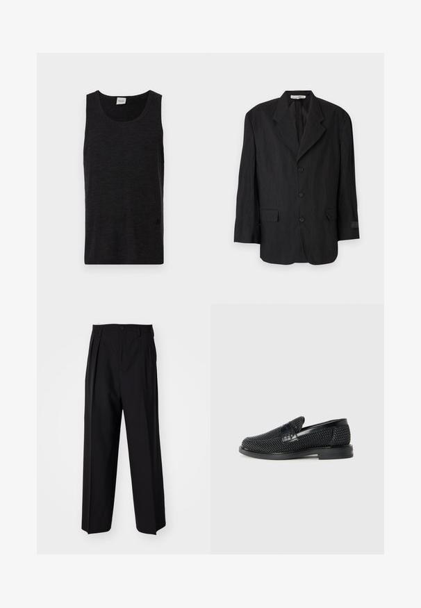 Czarna marynarka z teksturowanej tkaniny, z klapami w stylu notcha, sześcioma guzikami i dwoma kieszeniami. Lewy rękaw ma detal z metką.; Czarny bezrękawnik z teksturowanego materiału. Posiada okrągły dekolt oraz subtelny akcent logo w okolicy dolnego brzegu. Prosty design.; Czarne plisowane spodnie o prostym, szerokim kroju nogawek. Wykonane z gładkiego materiału, z zapięciem na guzik i pętelkami na pasek.; Czarny, pleciony but wsuwany z gładkim skórzanym akcentem na cholewce, o okrągłym nosku i niskoprofilowej gumowej podeszwie.