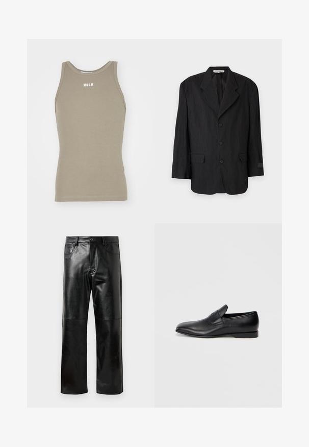 Melnā žakete, izgatavota no teksturēta auduma, ar atvērto apkakli, sešām pogām un diviem kabatām. Kreisajā piedurknes pusē ir etiķetes detaļa.; Khaki krūšu apgriezts t-krekls, izgatavots no elastīgas kokvilnas ar ribotu tekstūru; uz krūšu zonas ir balts "MSGM" logo.; Melnas taisnās kājas mākslīgās ādas bikses ar jostu cilpām, priekšējo pogu, rāvējslēdzēja aizdari un redzamajām šuvēm uz ceļiem un kabatām.; Melna ādas slēgta kurpe ar smailu purngalu, gludu virsmu un diskrētu zīmolu uz sāniem. Zems papēdis ar tīru, minimālistisku dizainu.