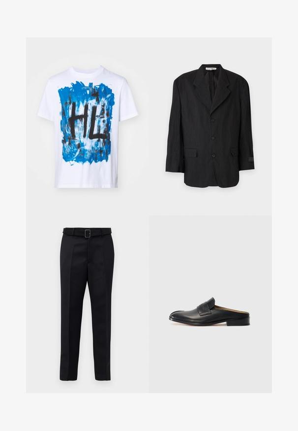 Melnā žakete, izgatavota no teksturēta auduma, ar atvērto apkakli, sešām pogām un diviem kabatām. Kreisajā piedurknes pusē ir etiķetes detaļa.; Balta kokvilnas T-kreklu ar zilu abstraktu dizainu un melnu "HL" tekstu centrā. Īsās piedurknes un apaļš kakls.; Melni piegriezti bikses ar gludu audumu, taisnu piegriezumu un jostu ar taisnleņķa sprādzi. Pamanāmie priekšējie iegriezumi uzlabo dizainu.; Melnas ādas slip-on kurpes ar noapaļotu purngalu, zemu blokveida papēdi un priekšējo siksniņu. Gluda tekstūra ar diskrētu logotipa detaļu uz siksniņas.