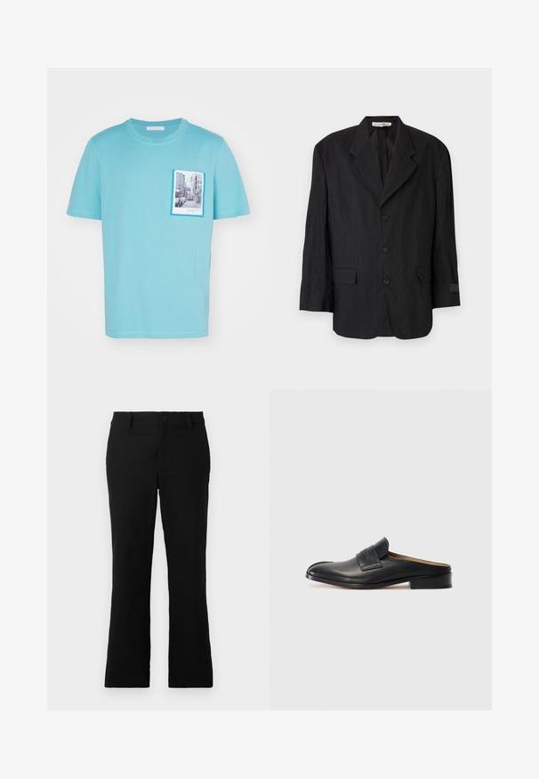 Černý blazer vyrobený z texturované látky, s klopovým límcem, šesti knoflíky a dvěma kapsami. Levý rukáv má detail štítku.; Světle modré bavlněné tričko s potiskem na přední kapse zobrazujícím městskou scénu, obklopené kontrastním modrým rámem, krátké rukávy.; Černé rozšiřující se kalhoty vyrobené z bavlněné směsi, s knoflíkovým uzávěrem, poutky na pás a hladkou strukturou bez viditelných vzorů.; Černá kožená slip-on obuv s kulatou špičkou, nízkým blokovým podpatkem a předním páskem. Hladký povrch s jemným logem na pásku.