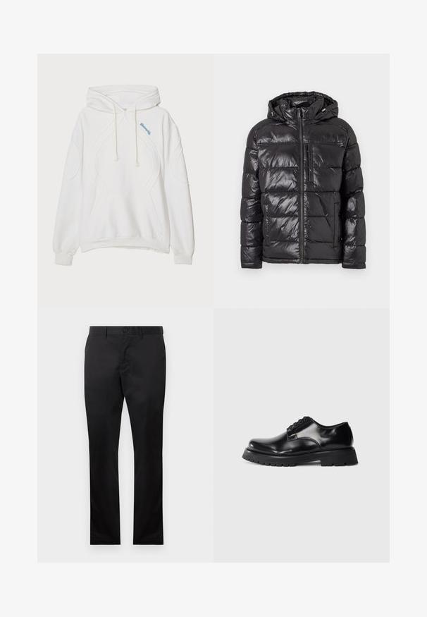 Svart dunjakke med en skinnende, kviltet overflate, hette, frontglidelås og to sidelommer. Lett og isolert design.; Hvit hettegenser med teksturdesign, med lommer foran, snøring i hette og lyseblå kontrastsøm på brystet.; Svarte bomullsbukser med rett ben-design, med knappelukking foran og sidelommer, glatt tekstur, uten synlige mønstre.; Svarte skinnsnøresko med blank finish, som har en tykk svart gummisåle og uttalt mønster. Klassisk design med sømdetaljer.